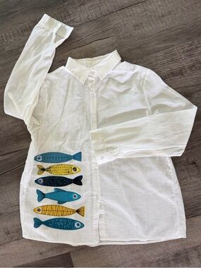 White Button-Up Shirt with Colorful Fish Motif Small NWOT
